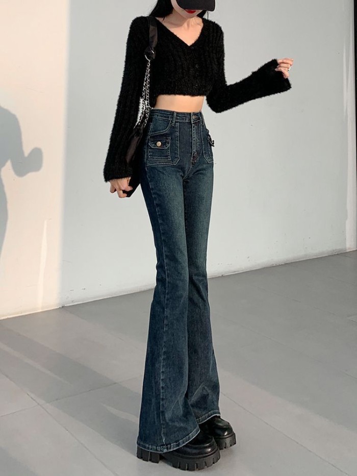 Retro Co Giãn Cao Cấp Boot Jeans Nữ Xuân Thu Mới Slim Fit Mở Rộng Loe Quần