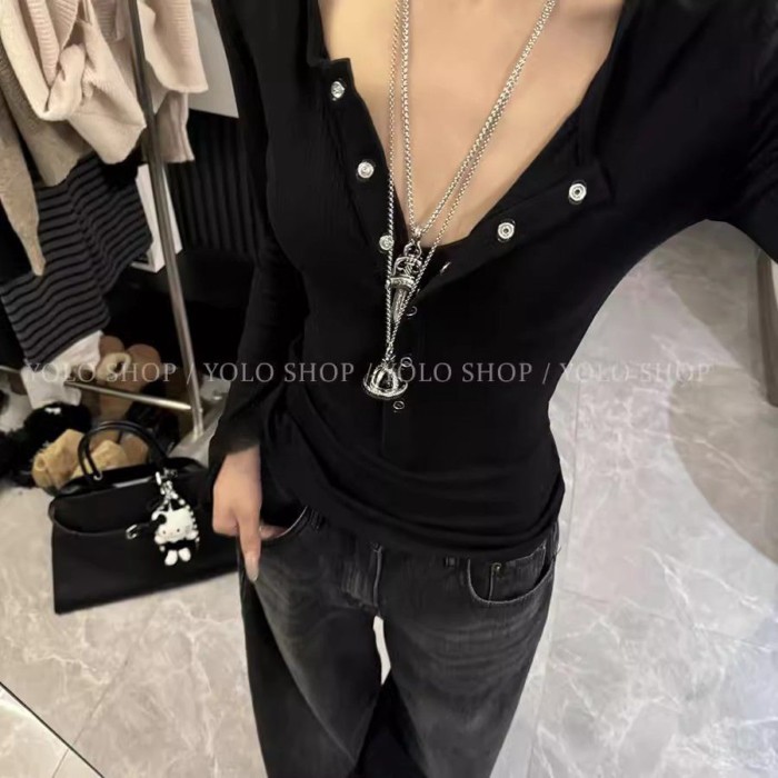 Lan ~ Áo Sơ Mi Cổ Chữ V Dài Tay, Thiết Kế Hở Eo Hẹp Ôm Sát, Thích Hợp Các Mùa