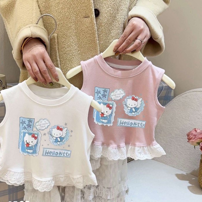 Áo vest phong cách Hàn Quốc cho bé gái mới nối ren treo mùa hè cho trẻ em Áo thun không tay in h