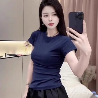 Màu Trơn Vai Phải Áo Thun Nữ Tay Ngắn Cổ Tròn Nữ Mùa Hè Mới Thời Trang Slim Fit Top