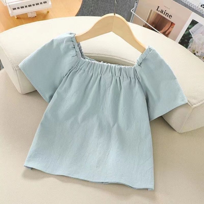 Áo sơ mi búp bê ngắn tay bé gái mùa hè mới bé gái thời trang áo trẻ em trung niên cổ vuông áo sơ