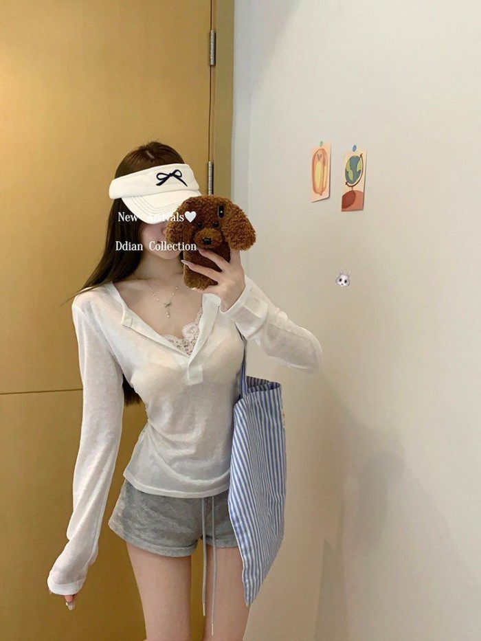Áo ren nối giả áo hai dây Áo thun nữ mùa hè mỏng hơi xuyên thấu băng lụa dài tay