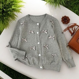 Áo Len Bé Gái Nơ Dệt Kim Cardigan Xuân Thu Áo Len Trẻ Em Phong Cách Hàn Quốc Áo Khoác Bé Gái