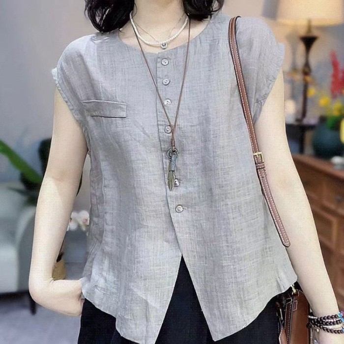 phong cách retro đơn giản dáng rộng áo vest mùa hè thời trang mới khí chất cổ tròn áo ngực đơn k
