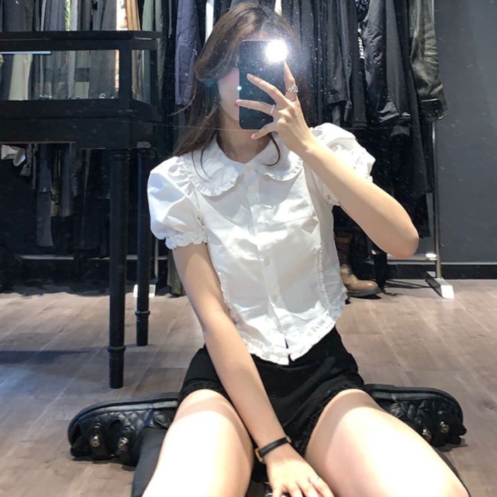 Retro Tay Phồng Cổ Búp Bê Áo Sơ Mi Nữ Mùa Hè Nấm Tay Ngắn Áo Trắng