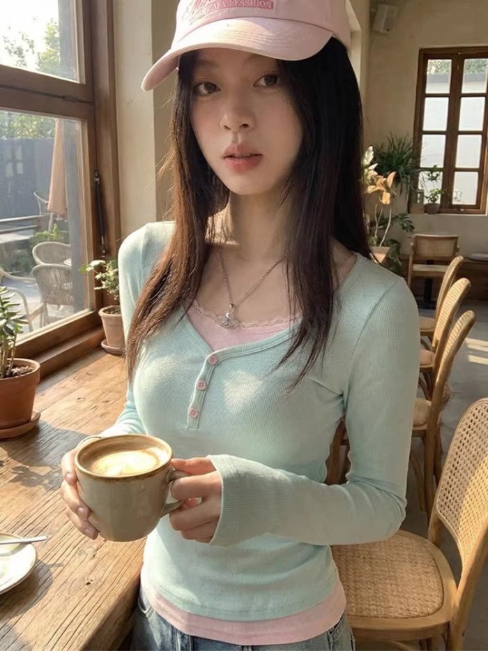 Áo thun dài tay cổ Henley phối ren giả hai mảnh dành cho nữ đầu xuân phong cách Hàn Quốc mỏng ngắn
