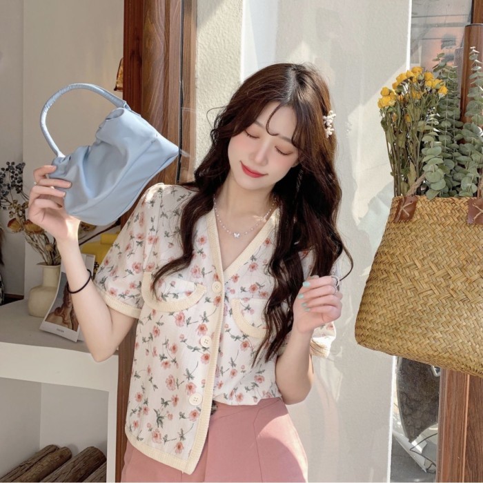 Áo sơ mi ngắn tay hoa kiểu Pháp dành cho nữ, áo ngắn cổ chữ V phong cách retro mùa hè mới