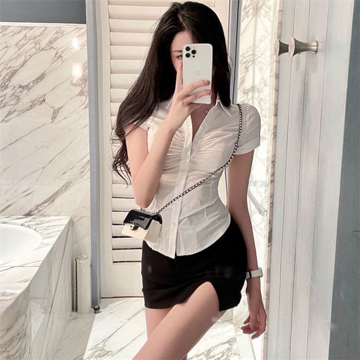 Áo sơ mi trắng áo sơ mi nữ mùa hè áo ngắn tay áo sơ mi dáng ôm khí chất quần áo nữ