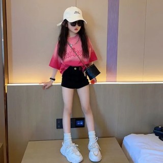 Áo thun bé gái mùa hè ngắn tay áo bé gái thời trang gradient áo thun cotton nguyên chất nửa tay áo