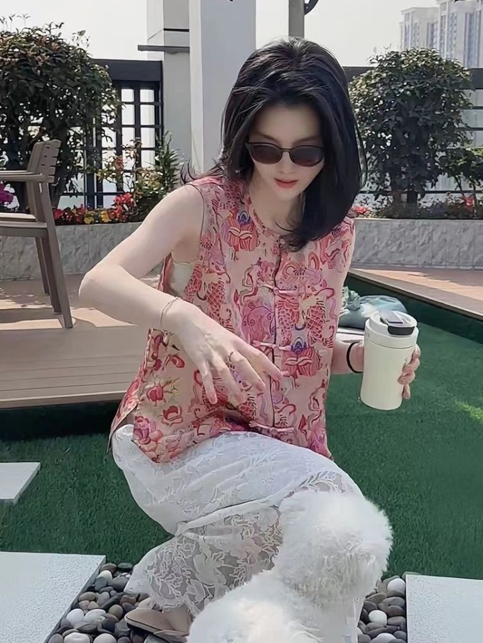 Phong Cách Trung Hoa Mới Nút Đĩa Áo Sơ Mi Không Tay Nữ Mùa Hè Mới Retro Thời Trang Top Áo Vest Á