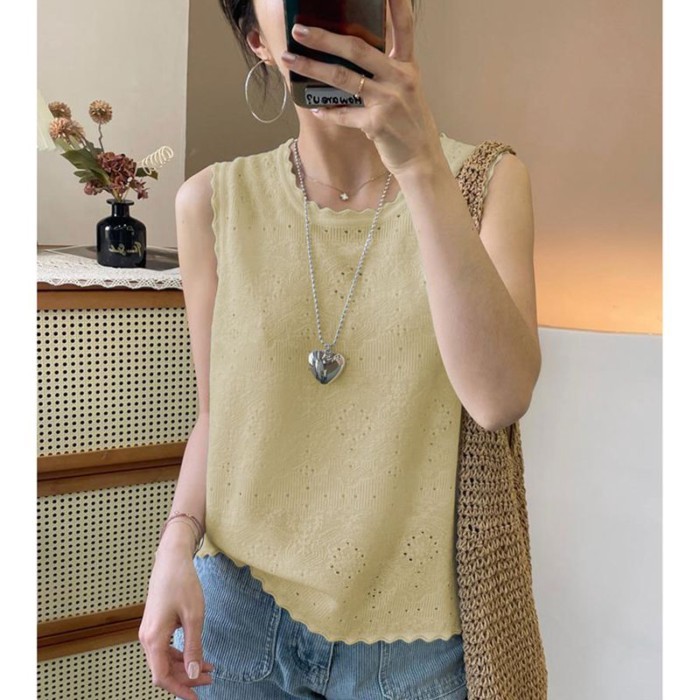 Mùa hè băng lụa rỗng chất lượng không khí ren cổ tròn không tay kích thước lớn dệt kim đáy áo vest