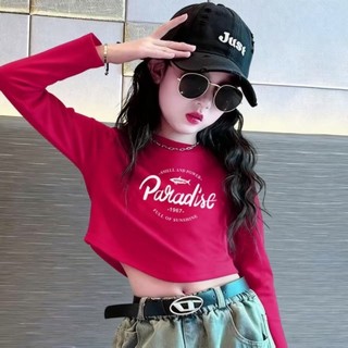 Áo thun ngắn tay ngắn tay cotton nguyên chất mùa xuân thu trẻ em áo phông đỏ thời trang cho bé gái