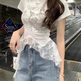 Áo thun ngắn tay phối ren trẻ em vừa và lớn in chữ giảm béo mùa hè cho trẻ em