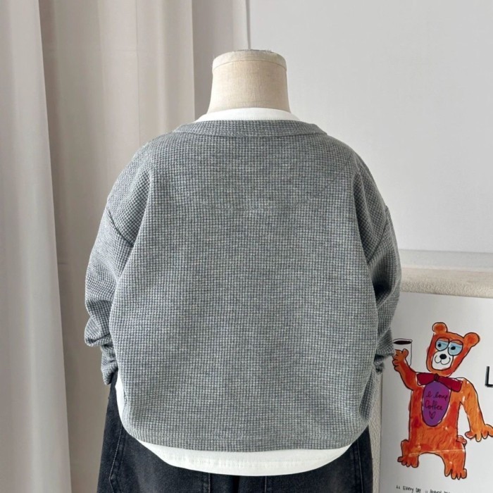 bé trai bánh quế dài tay thu đông bé trai áo thun nguyên chất cotton áo đẹp trai giả hai dây áo