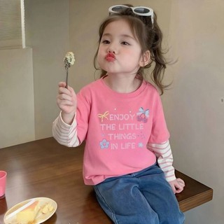 Bé Gái Xuân Thu Nguyên Chất Cotton Dài Tay Trẻ Em In Chữ Sọc Bên Ngoài Mặc Giả Hai Dây