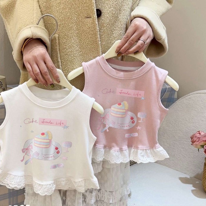 Áo vest phong cách Hàn Quốc cho bé gái mới nối ren treo mùa hè cho trẻ em Áo thun không tay in h