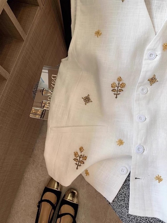 Áo vest cổ chữ V thêu đính cườm nặng đơn giản dành cho nữ mùa hè khí chất áo vest không tay bằng vả