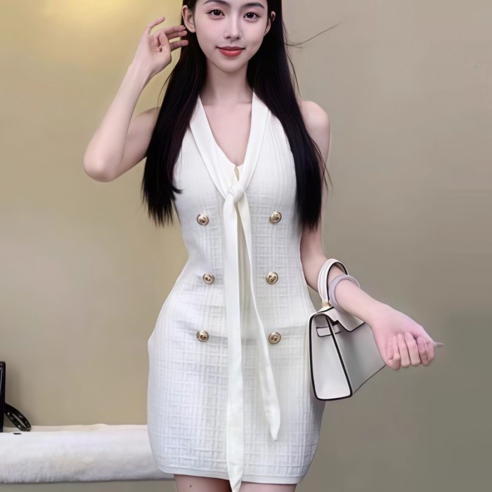 Váy dệt kim cổ chữ V màu trắng cho nữ, váy ngắn ôm eo ôm hông