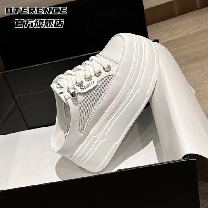 Giày lười lưới mùa hè nửa cốc màu trắng dành cho nữ Giày đế dày Baotou bên trong tăng chiều cao của
