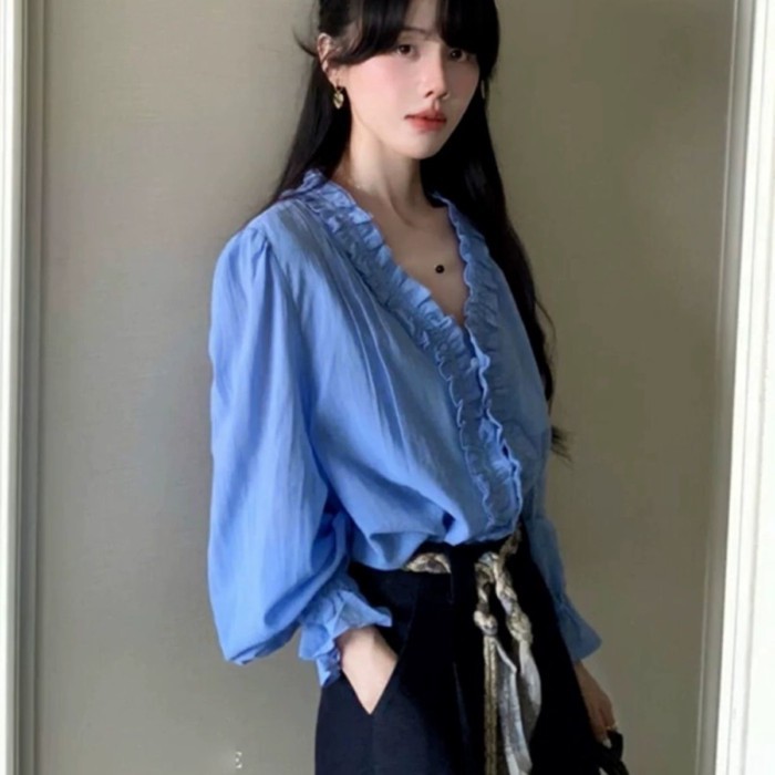 Lan ~ Áo sơ mi Petty Bourgeoisie màu xanh nấm thu đông, thiết kế ômbody sang trọng