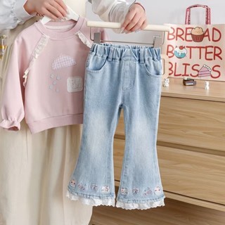 Quần jean nữ mùa thu phong cách hàn quốc quần jean thêu ngọt ngào cô gái bootcut khâu ren quần jean