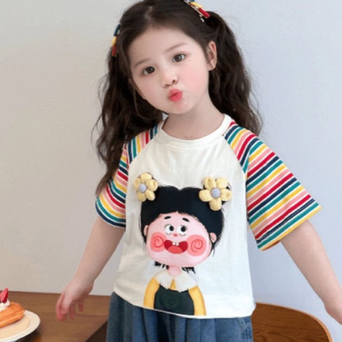 bộ quần áo mùa hè ngắn tay cho bé phong cách mới phong cách trẻ em in hoạt hình sọc chặn màu áo