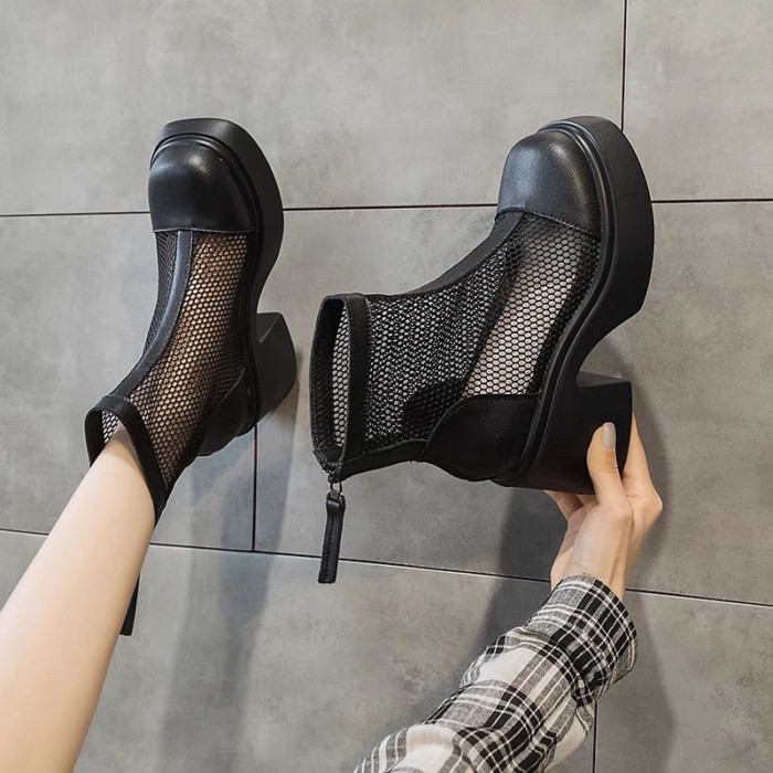 Giày Bốt Martin Nữ Mùa Hè Lưới Mỏng Rỗng Giày Bốt Cổ Ngắn Nhỏ Cao Gót Đế Dày Dép Thoáng Khí