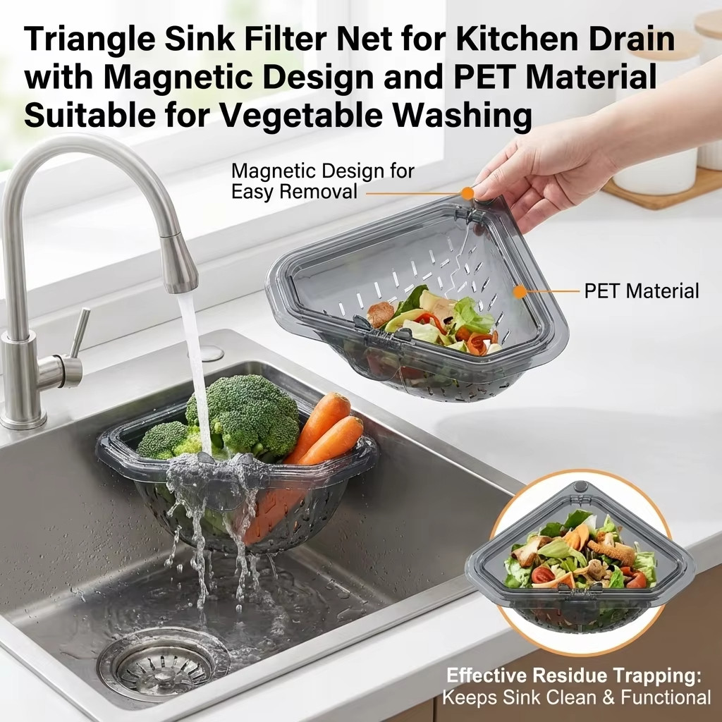Giỏ lọc bồn rửa hình tam giác từ tính Máy bắt thức ăn & Giỏ thoát nước cho trái cây Rau củ, Dụng cụ sắp xếp bồn rửa nhà bếp góc