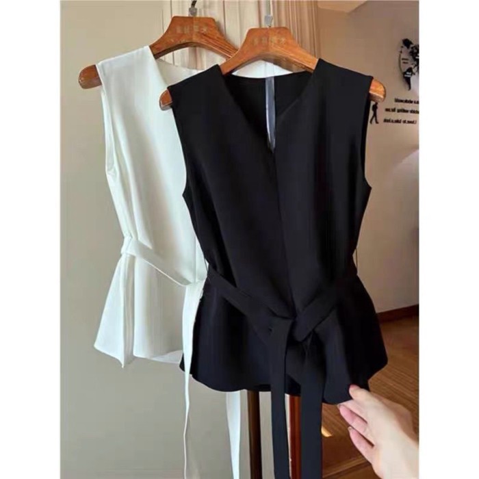 Thắt lưng phù hợp với áo vest nữ mỏng cao cấp áo ghi lê mặc ngoài khí chất không tay xếp tầng hàng