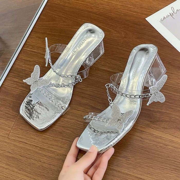 Dép Xăng Đan Nữ Du Lịch Tinh Tế Phong Cách Cổ Tích Dây Bướm Bạc Gót Vừa Trong Suốt