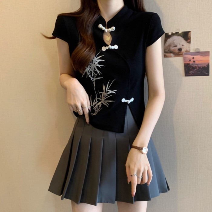 phong cách quốc gia dành cho nữ phong cách mới phong cách Trung Hoa mới cổ đứng đính nút áo thun