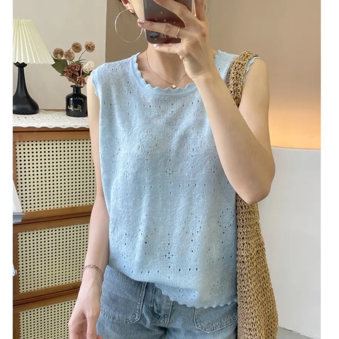 Mùa hè băng lụa rỗng chất lượng không khí ren cổ tròn không tay kích thước lớn dệt kim đáy áo vest
