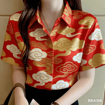 Tết Nguyên Đán Áo Sơ Mi Nữ Áo Sơ Mi In Toàn Bộ Quần Áo Áo Sơ Mi Hawaii Tay Ngắn Áo Sơ Mi Oversize Áo Sơ Mi Nữ 95b