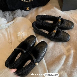 Giày lông nhung dành cho nữ tăng chiều cao bên trong 3CM Giày nữ Mary Jane họa tiết kim cương hoa t