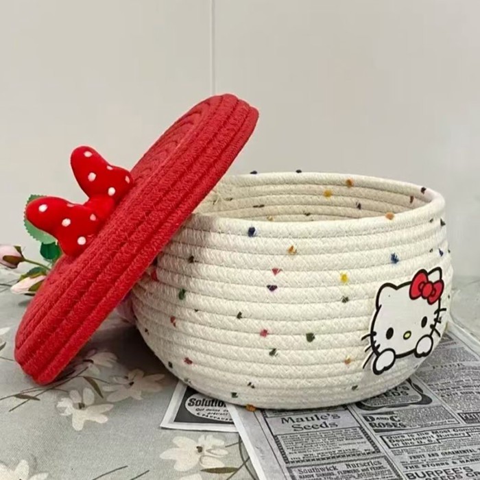 Giỏ đựng đồ để bàn Dễ thương Mèo con Sợi bông dệt Giỏ đựng đồ có nắp để bàn Hộp đựng đồ ăn nhẹ Đồ lặt vặt Giỏ phân loại