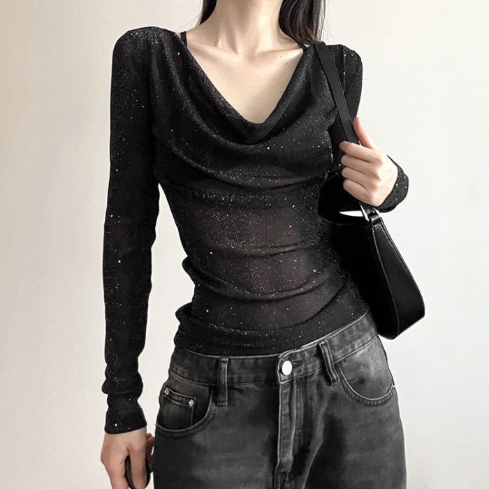 Áo thun dài tay cổ chữ V đính sequin độc đáo và tinh tế thời trang nữ hơi trong mờ Slim Fit Top