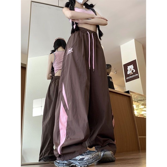Quần ống rộng phối Mỹ cho nữ, dây rút lưng cao, dáng rộng, giản dị, đa năng, giảm béo, quần thể tha