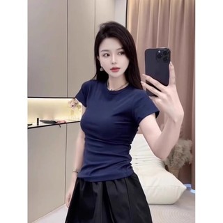 Màu Trơn Vai Phải Áo Thun Nữ Tay Ngắn Cổ Tròn Nữ Mùa Hè Mới Thời Trang Slim Fit Top