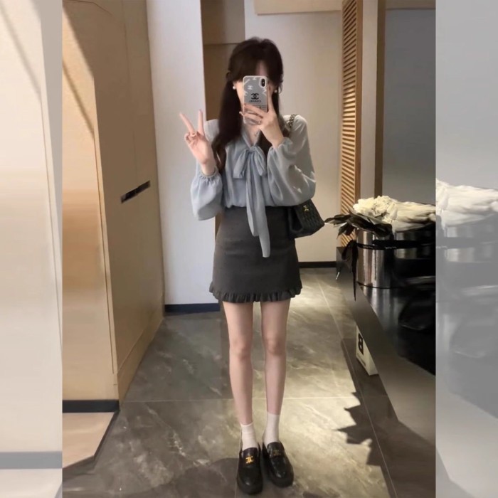 Áo sơ mi voan dài tay cổ chữ V thắt nơ kiểu Pháp dành cho nữ, áo sơ mi mùa thu, áo dáng ôm và đa nă