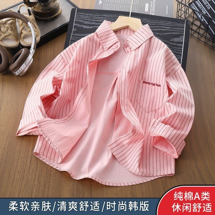 Áo Sơ Mi Và Áo Khoác Bé Gái Xuân Thu Mới Trẻ Em Áo Sơ Mi Sọc Casual Áo Dài Tay Phong Cách Màu Hồn