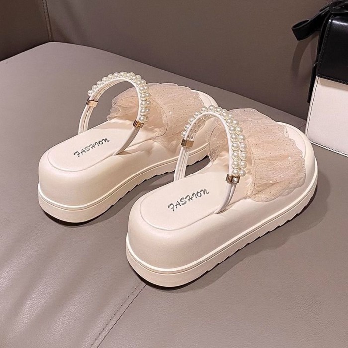 Dép đế dày phong cách mùa hè nhẹ nhàng, đa năng, chống trơn trượt, thời trang, lưới ngọc trai, dép