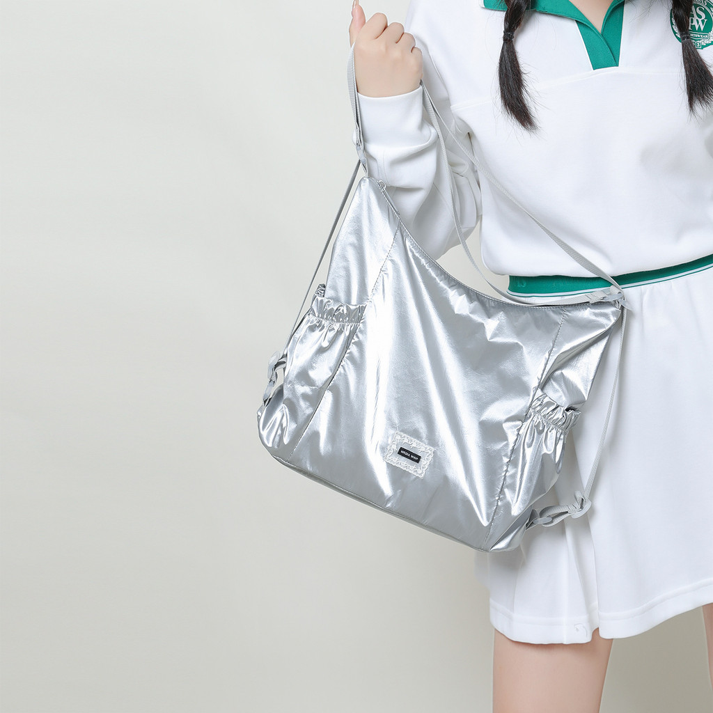 Túi Tote Bạc Nylon Nữ Mùa Hè Phong Cách Hàn Quốc, Đeo Vai Đôi, Túi Kép