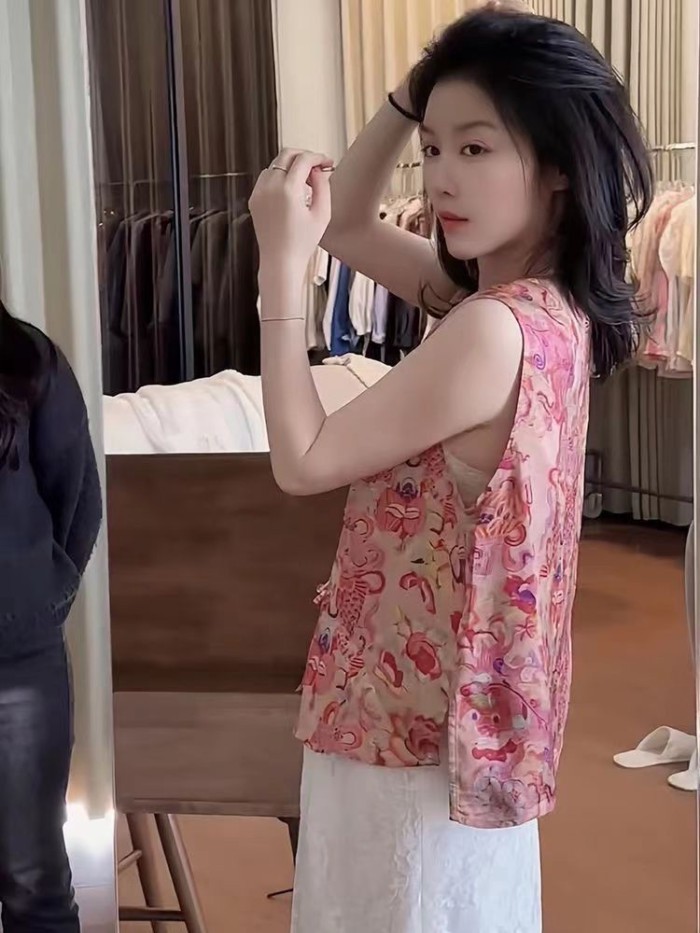 Phong Cách Trung Hoa Mới Nút Đĩa Áo Sơ Mi Không Tay Nữ Mùa Hè Mới Retro Thời Trang Top Áo Vest Á