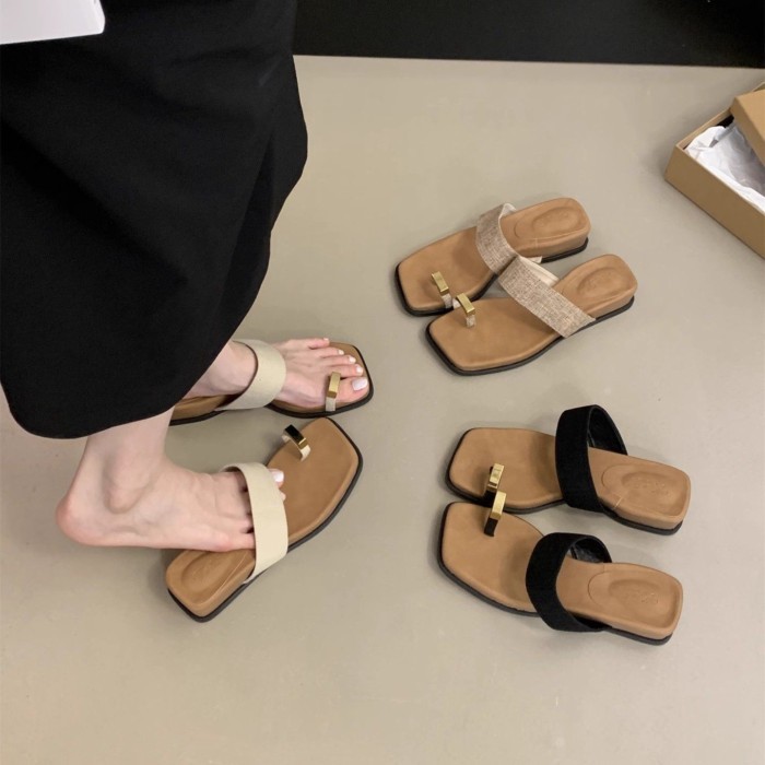Dép vải lanh đế dày cho nữ, dép xỏ ngón mùa hè kiểu Pháp, sandal đế bệt, giày đi biển thoải mái pho