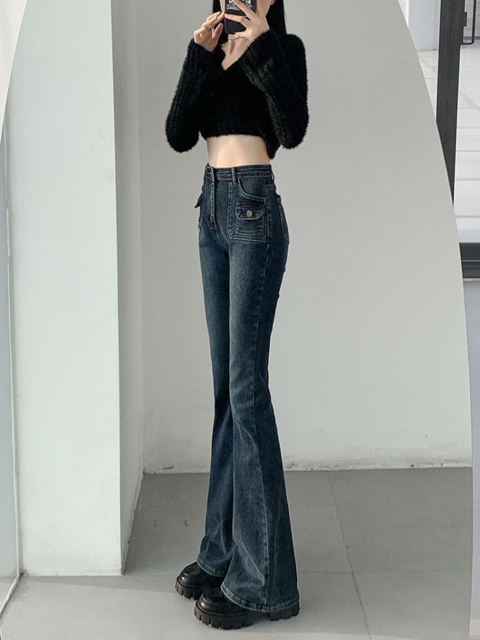 Retro Co Giãn Cao Cấp Boot Jeans Nữ Xuân Thu Mới Slim Fit Mở Rộng Loe Quần