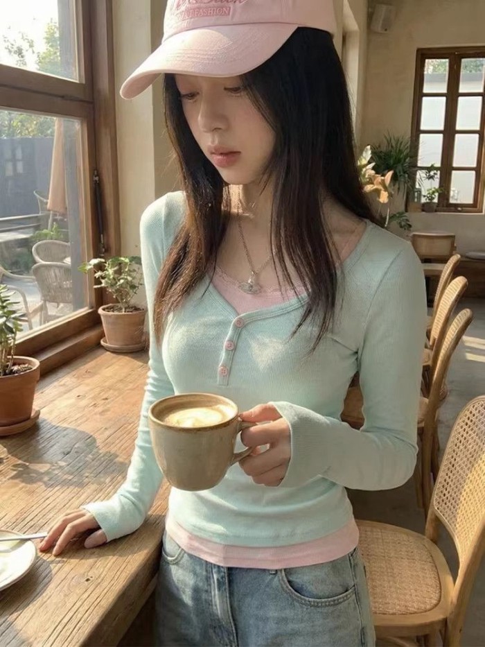 Áo thun dài tay cổ Henley phối ren giả hai mảnh dành cho nữ đầu xuân phong cách Hàn Quốc mỏng ngắn