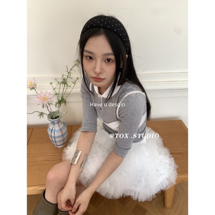 Quần Áo Phong Cách Hàn Quốc Chấm Bi Bông Bóng Cotton Rộng Viền Xếp Ly Với Băng Đô Mặt Nhỏ
