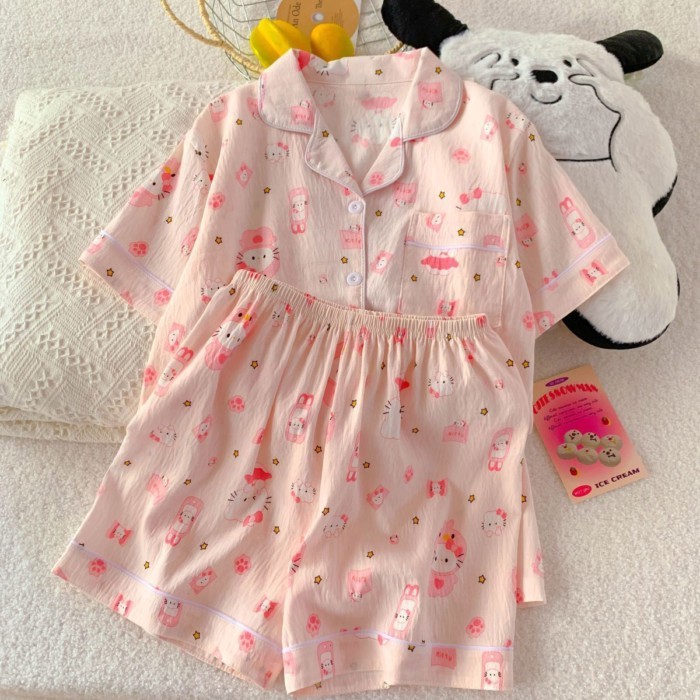 Bộ Đồ Ngủ Cho Bé Gái Kẻ Sọc Quần Short Ngắn Tay Mùa Hè Cho Bé Gái Quần Short Cotton Họa Tiết Dễ