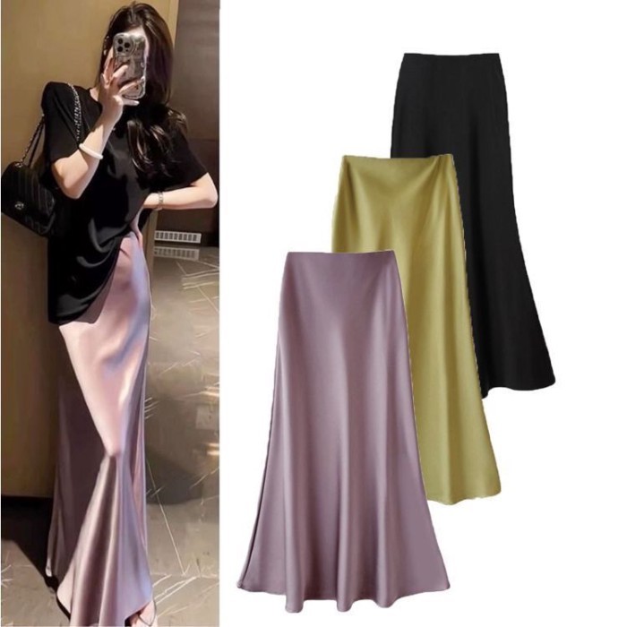 Lan ~ Pháp Tính Khí Váy Satin Acetate Xuân Hè Đuôi Cá Eo Túi Hông Váy Dài Drape Váy Cao Cấp