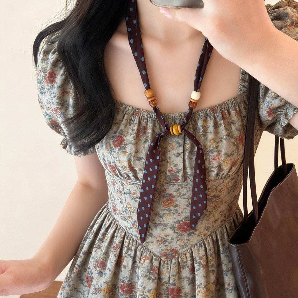 Retro Hạt Điều Hoa Chấm Bi Đính Hạt Khăn Lụa Vòng Cổ Nữ